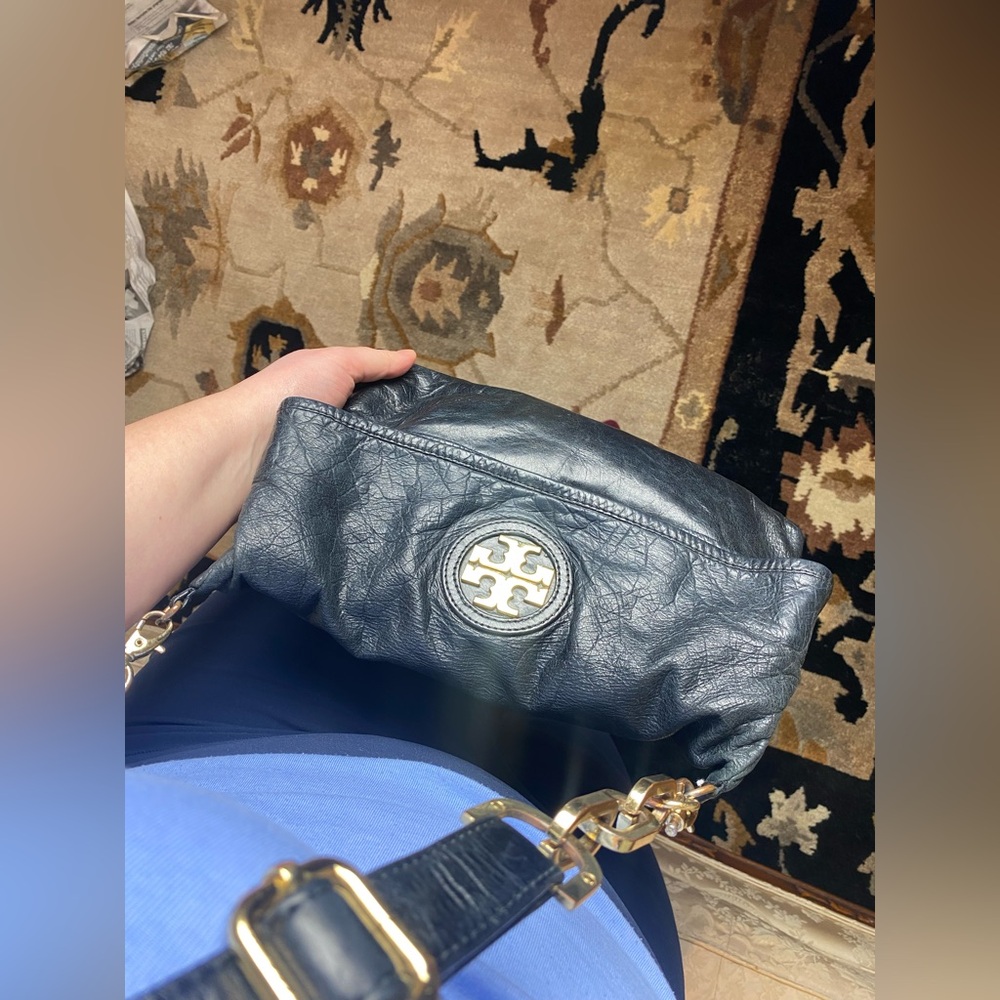Tory Burch Black Leather Fold-Over Crossbody Bag with Gold Logo & Accents - Picture 10 of 14